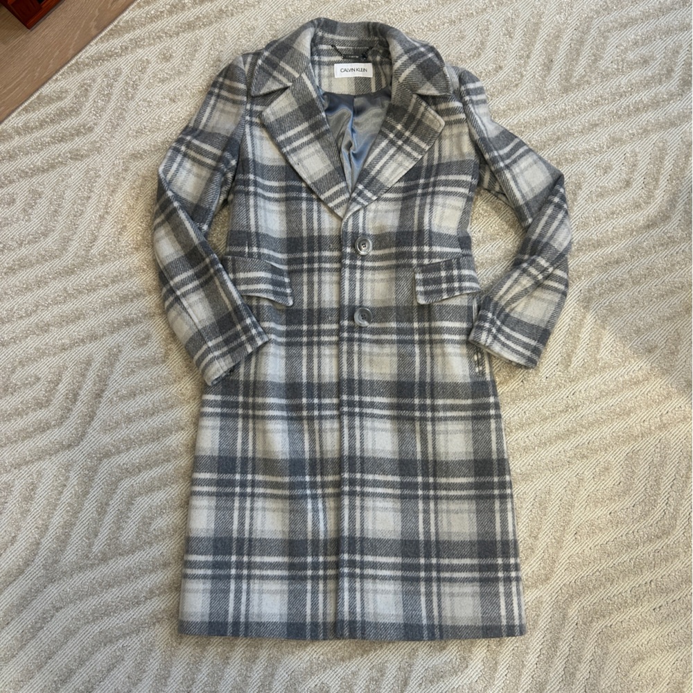 Calvin Klein Gray and White Plaid Wool Coat